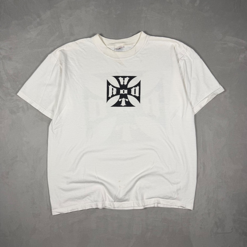 Y2K Mens Anvil Iron Cross Gothic Graphic Tee Streetwear White Large